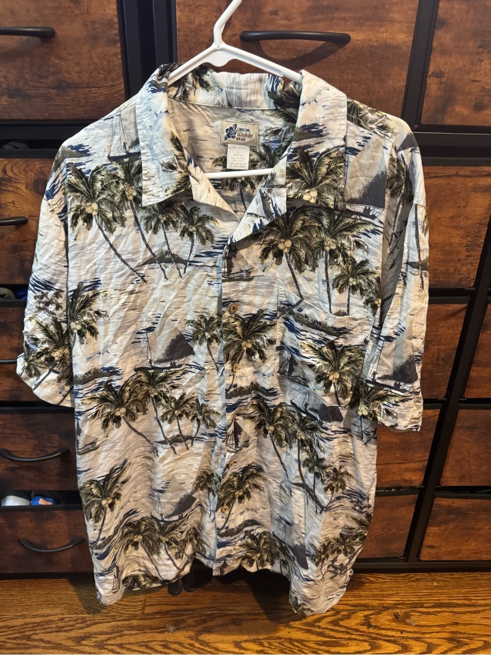 Cherokee Palm Tree Print Button-Down Shirt - Gray & Green